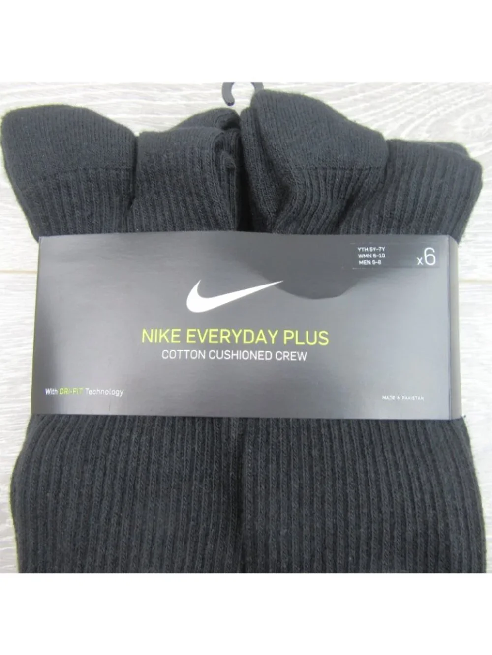 Nike Everyday Plus Dri-Fit Black Crew Socks (6 Pk) Womens 6-10 / Youth 5Y-7Y NEW